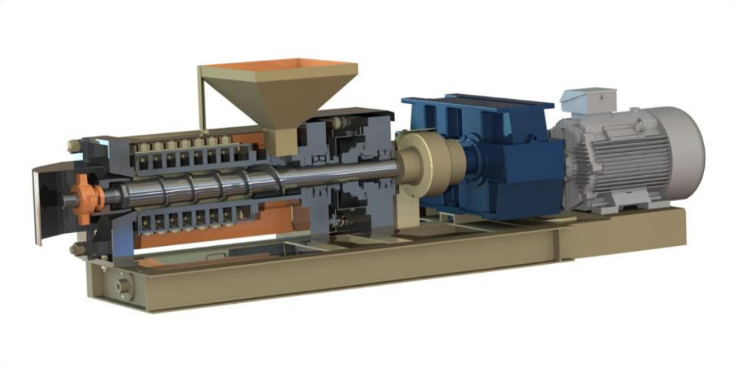 Palm kernel press cutaway showing the pressing train and drive assemblies